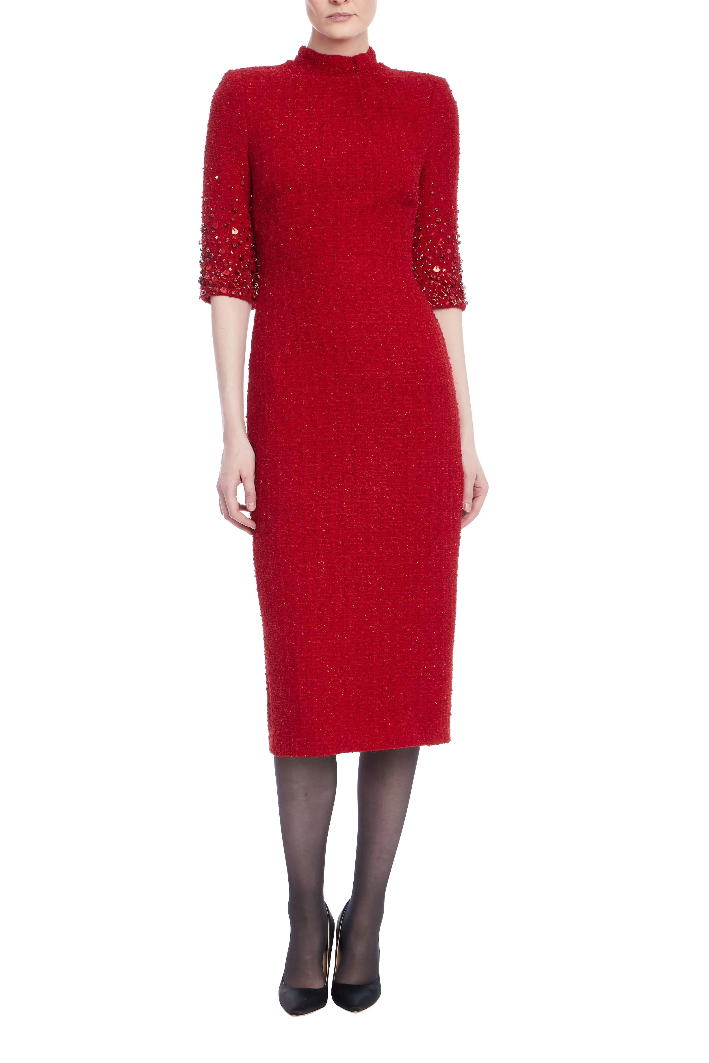 Beaded Quarter Sleeve High Neck Sheath Dress - Image 22