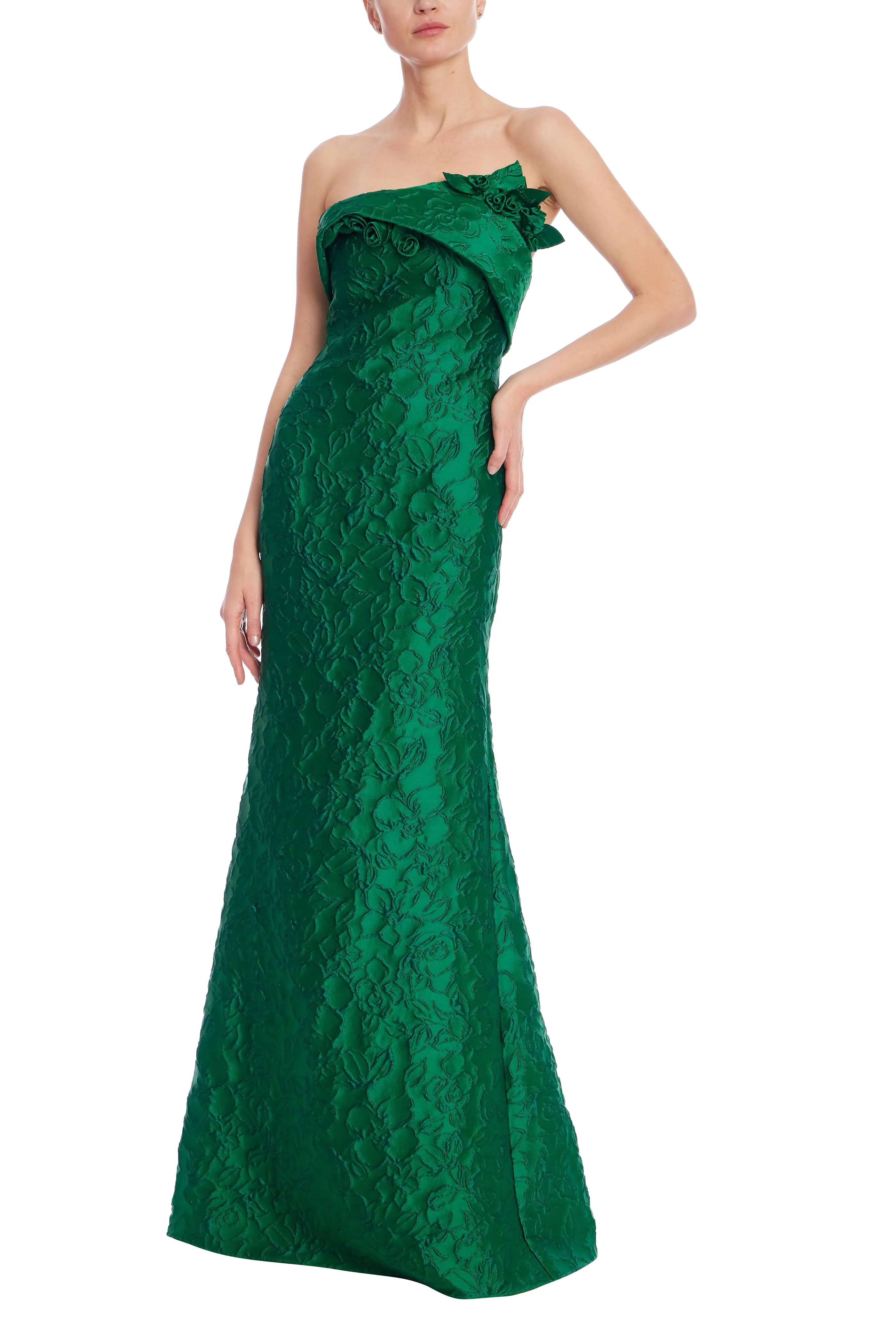 Emerald Green Strapless Floral Jacquard Mermaid Gown - Image 7