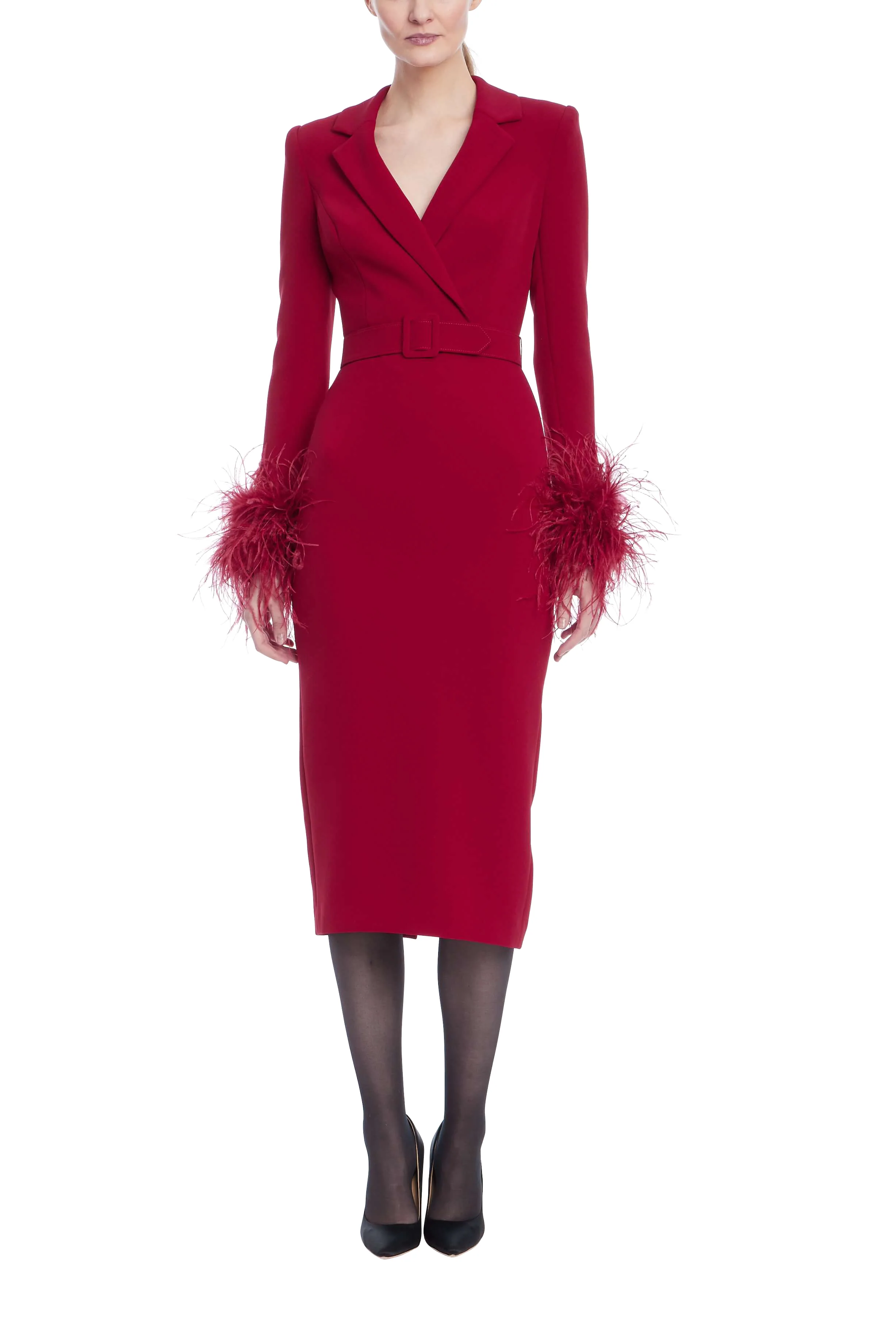 Feather Trim Belted Sheath Dress - Image 22