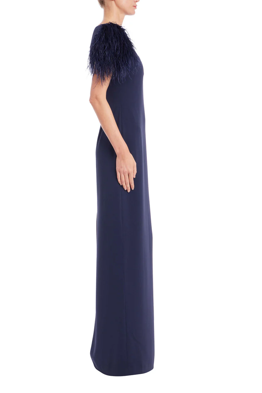 Feather Trim Short Sleeve Column Gown - Image 2