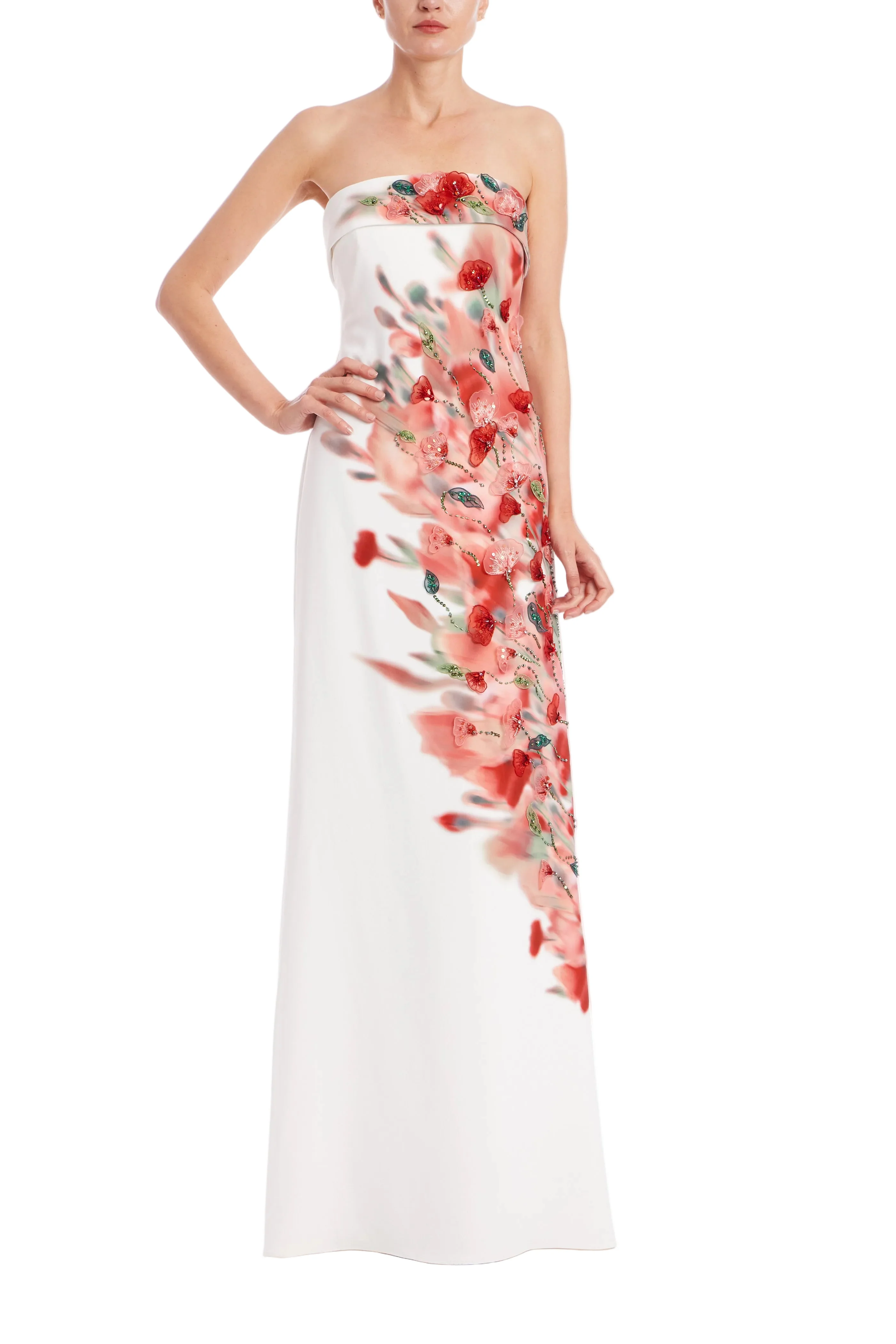 Floral Placement Strapless Column Gown
