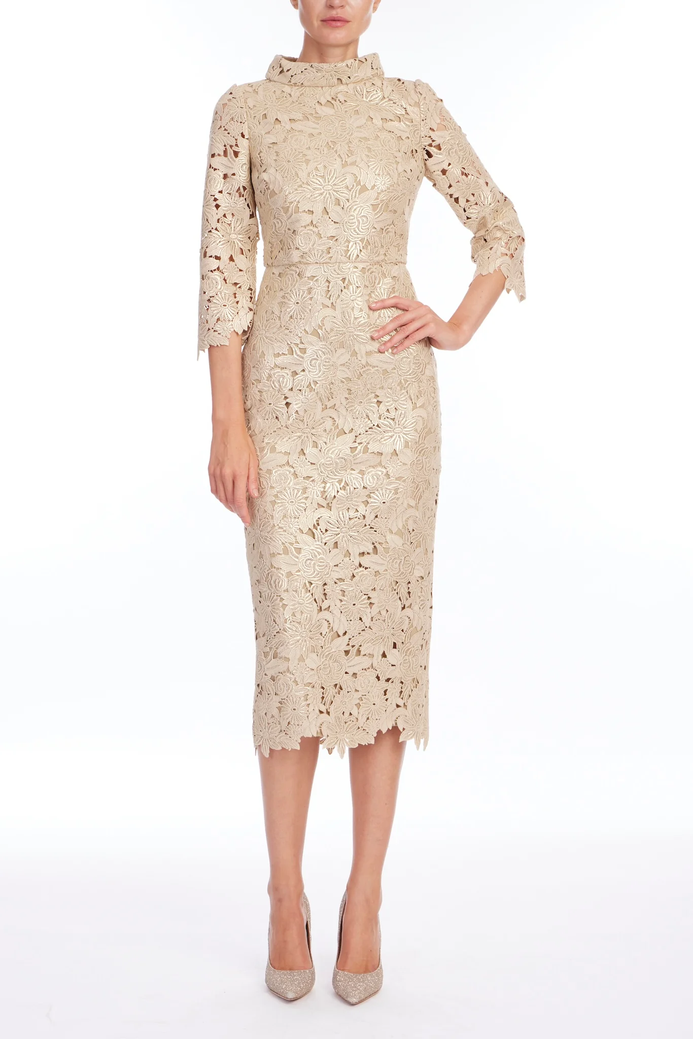 Gold High Neck Long Sleeve Cocktail Dress with Belt - Image 11