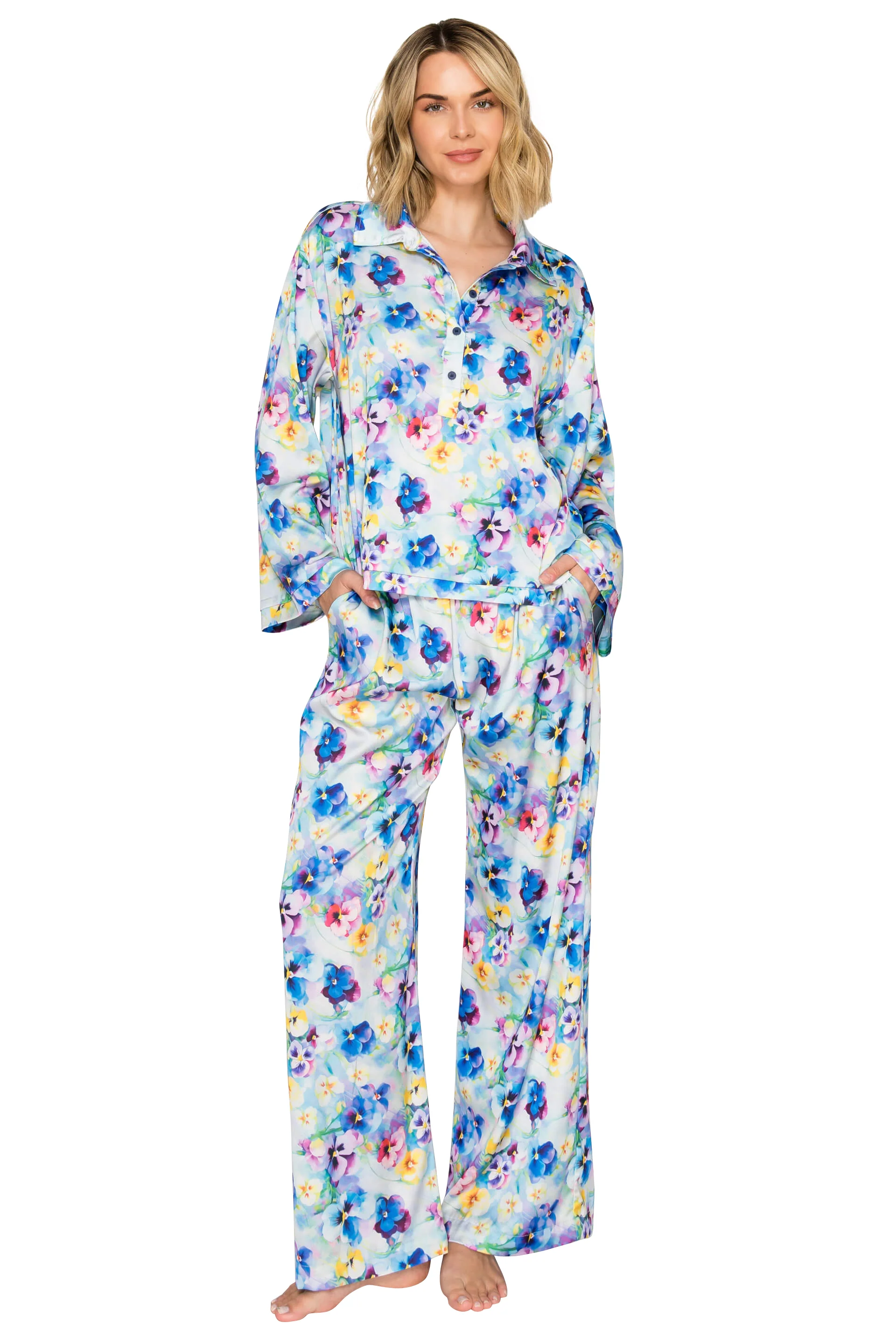 Luxe Floral Satin Long Sleeve & Wide Leg Pajama Set - Image 20