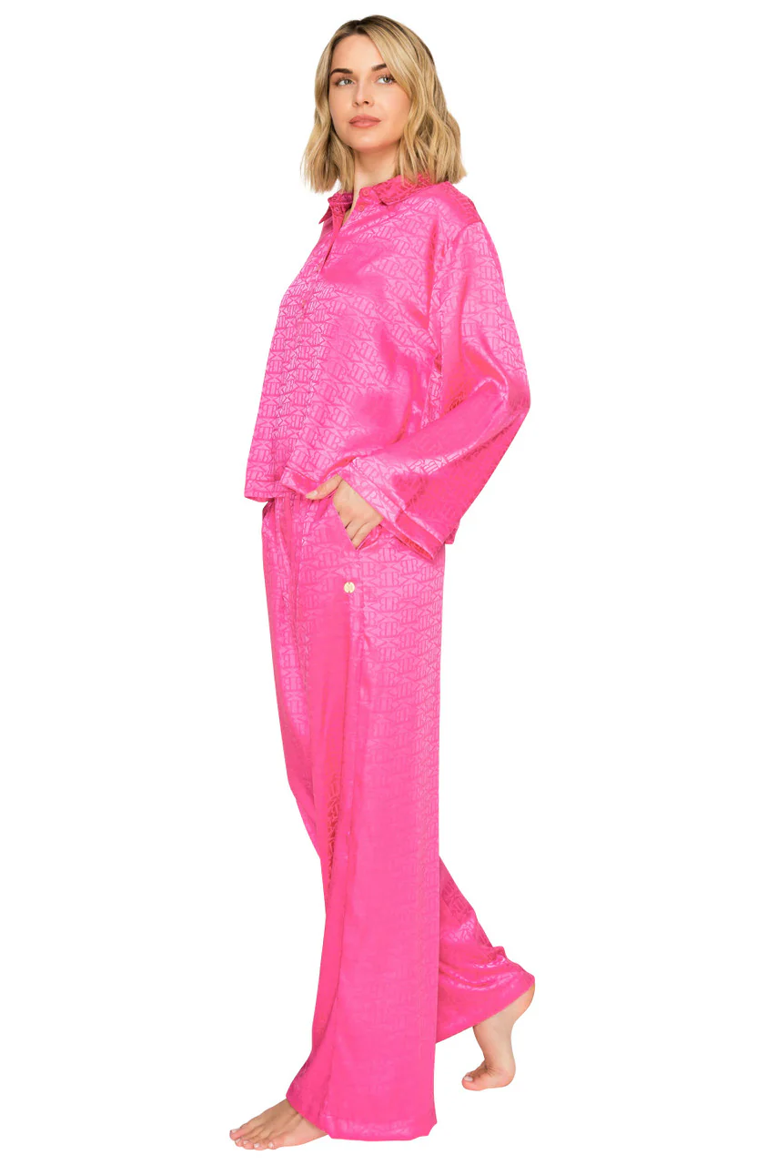 Luxe Monogram Satin Long Sleeve Wide Leg Pajama Set - Image 12
