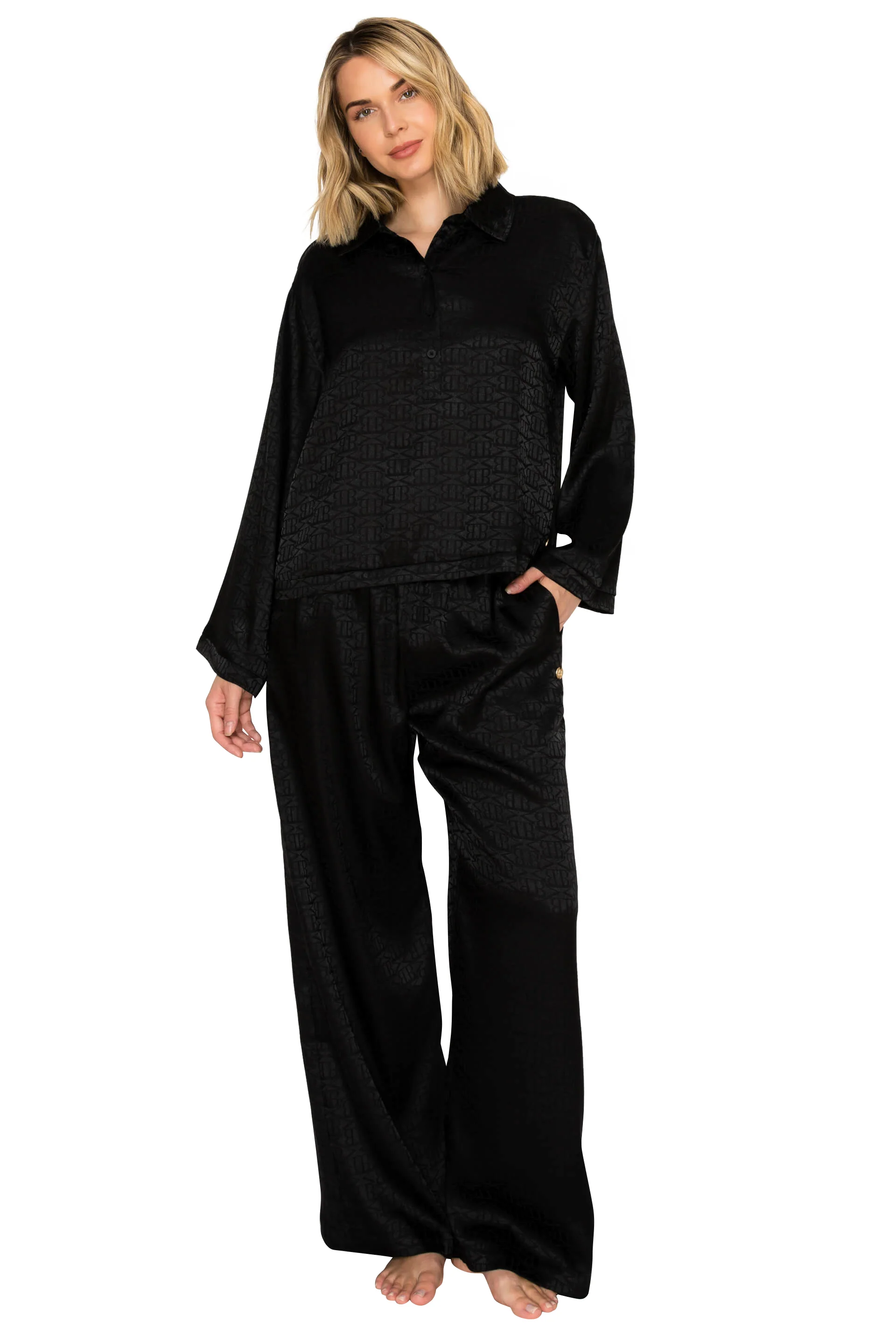 Luxe Monogram Satin Long Sleeve Wide Leg Pajama Set - Image 16