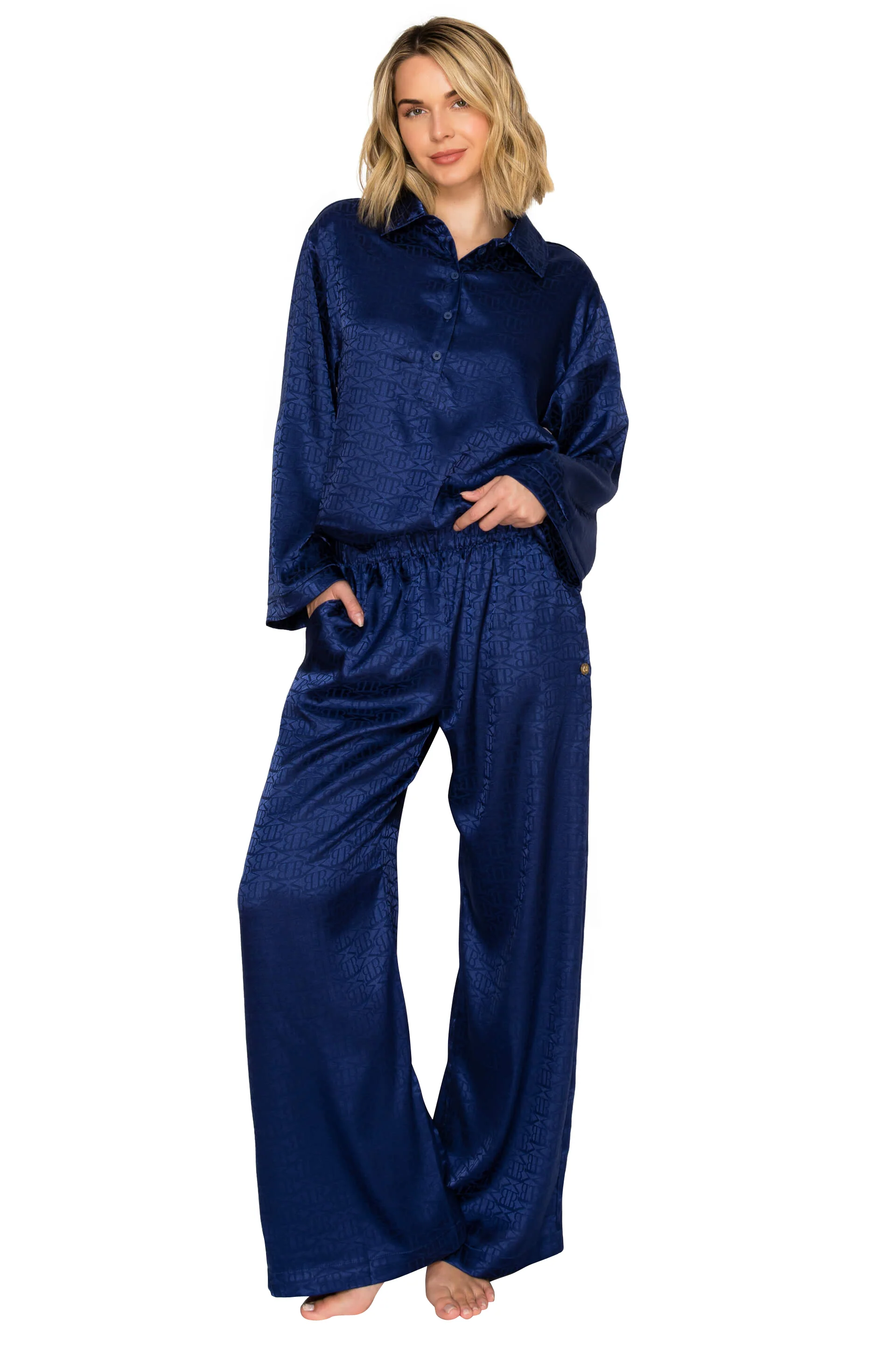 Luxe Monogram Satin Long Sleeve Wide Leg Pajama Set - Image 20