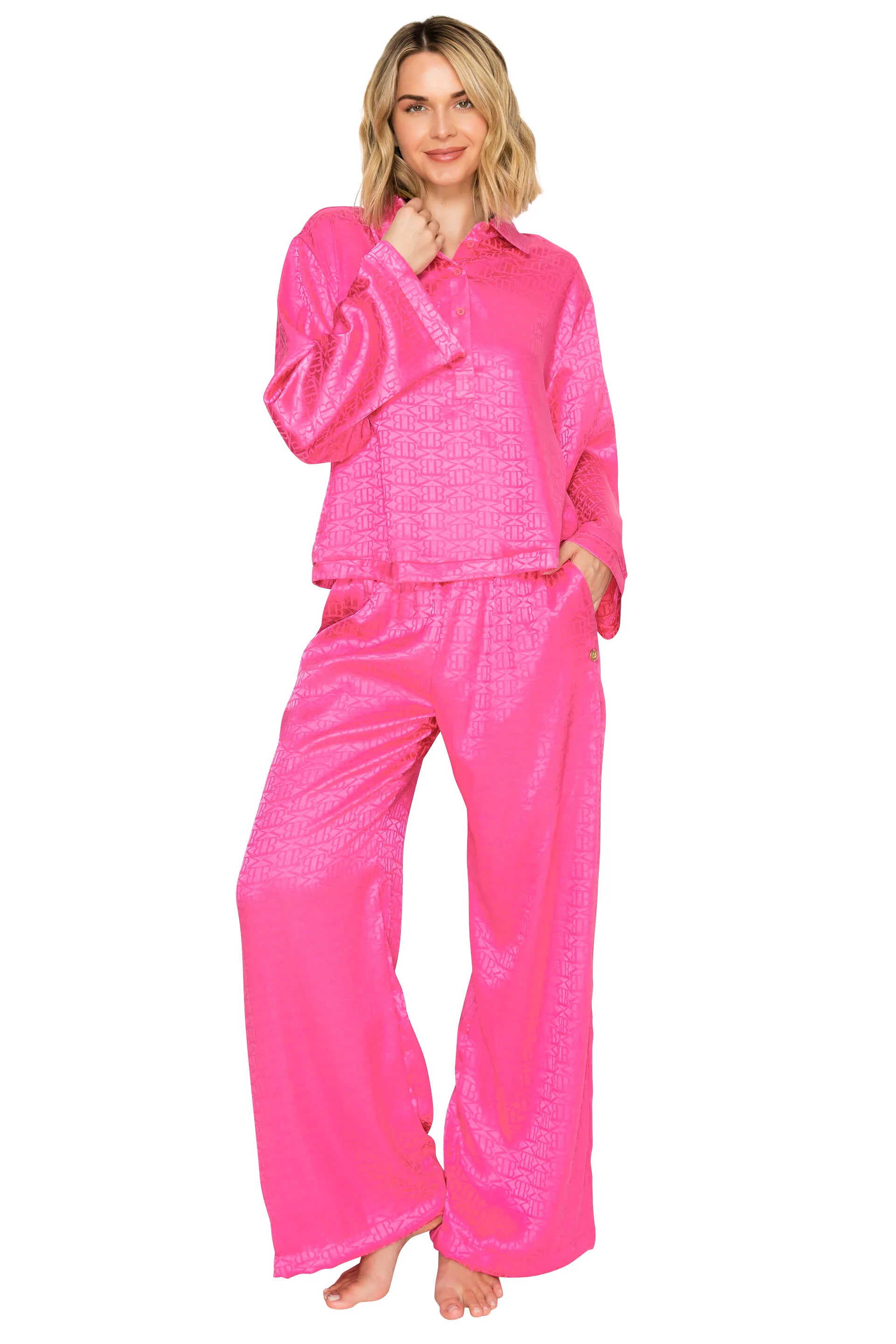 Luxe Monogram Satin Long Sleeve Wide Leg Pajama Set - Image 24