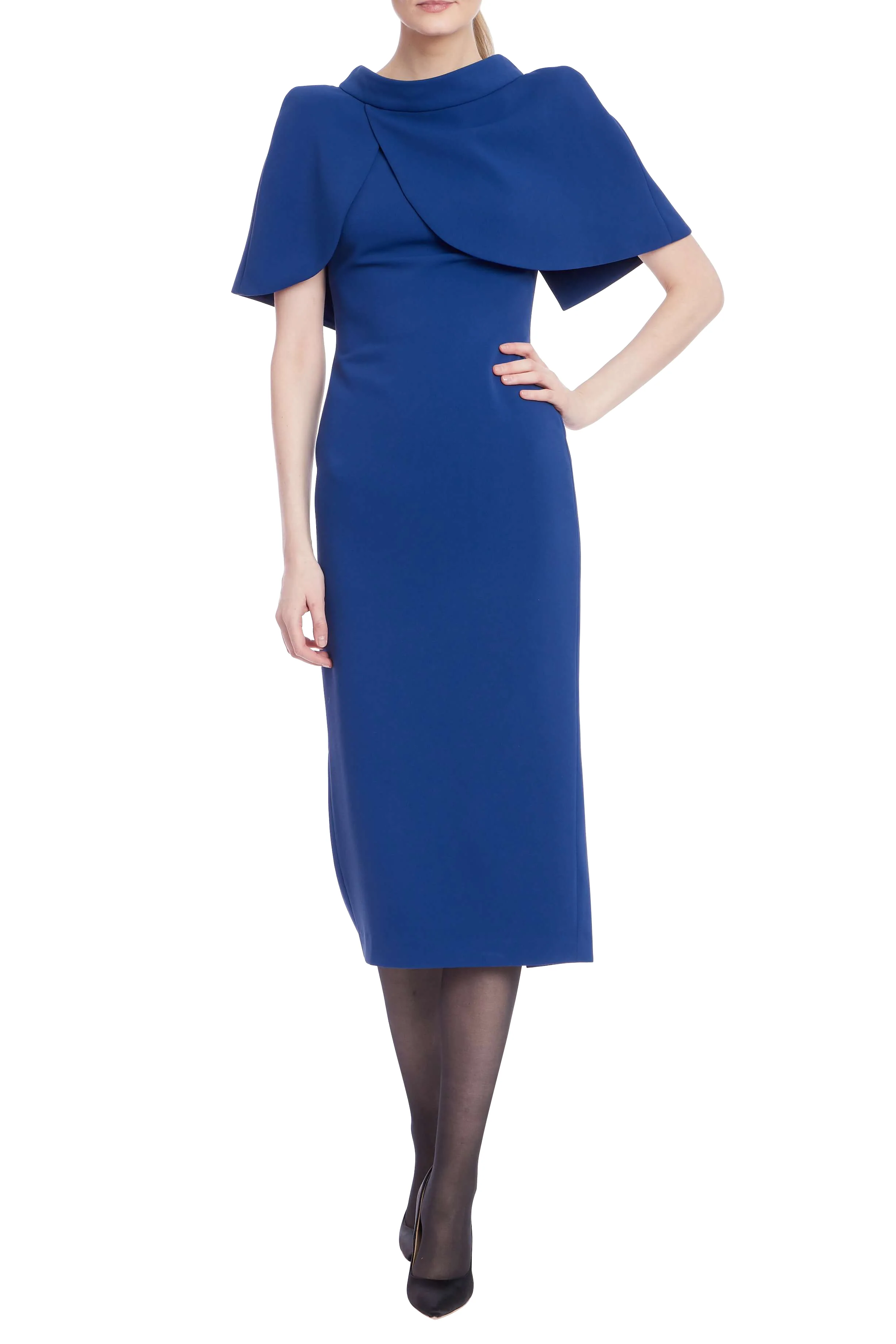 Marine Sheath Dress with Mock Neck Capelet - Image 9