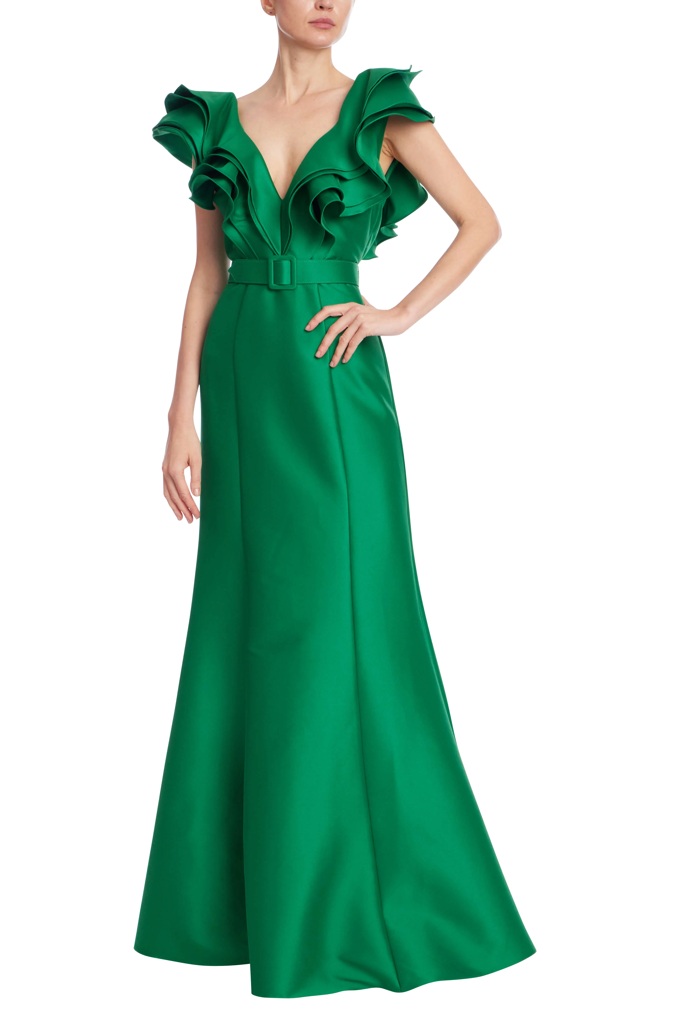 Ruffled Neckline Belted Trumpet Gown - Image 11