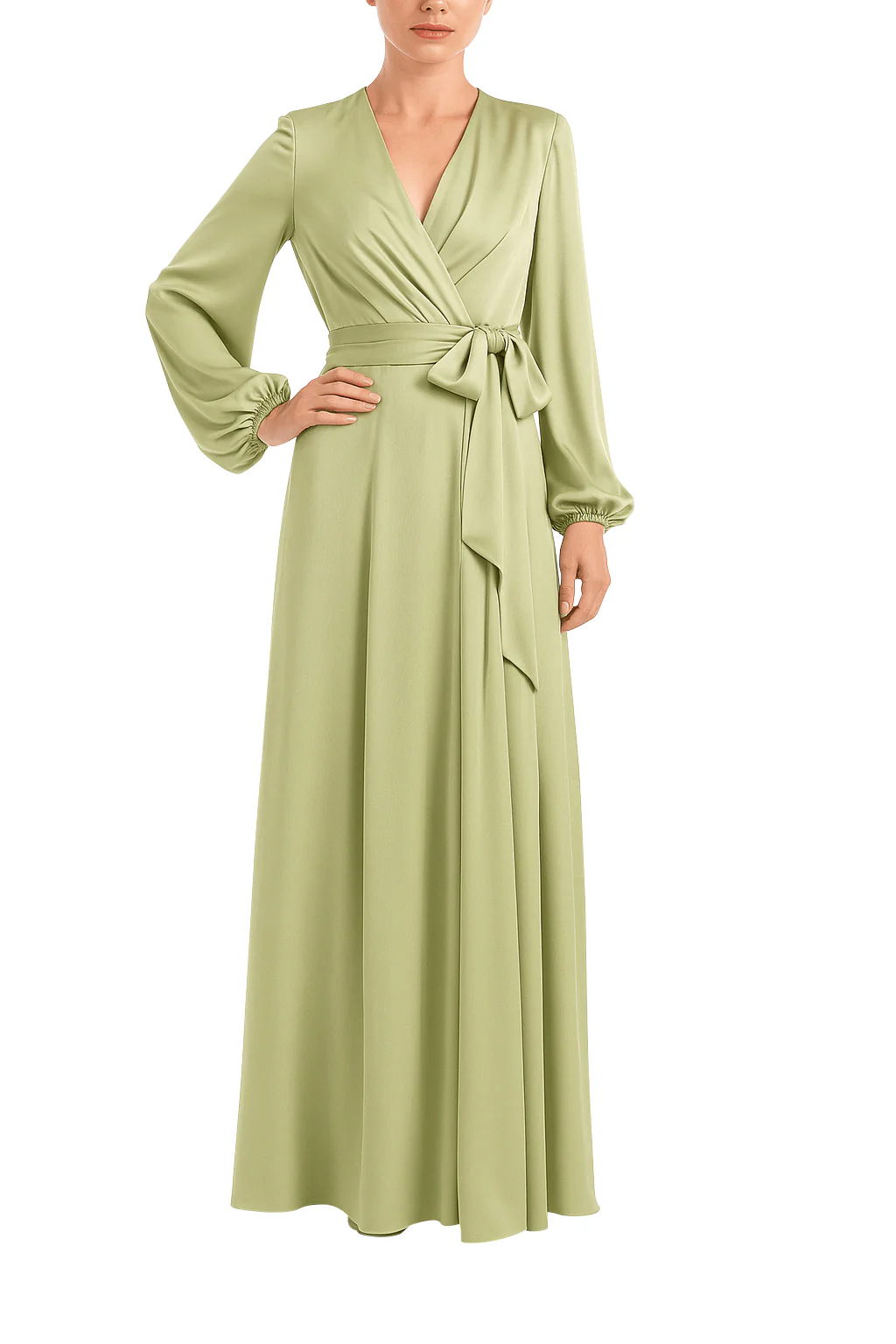 Satin Faux-Wrap Long Sleeve Gown - Image 12