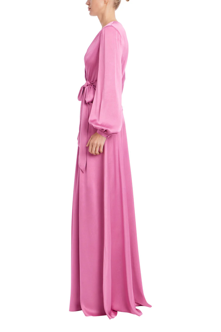 Satin Faux-Wrap Long Sleeve Gown - Image 2