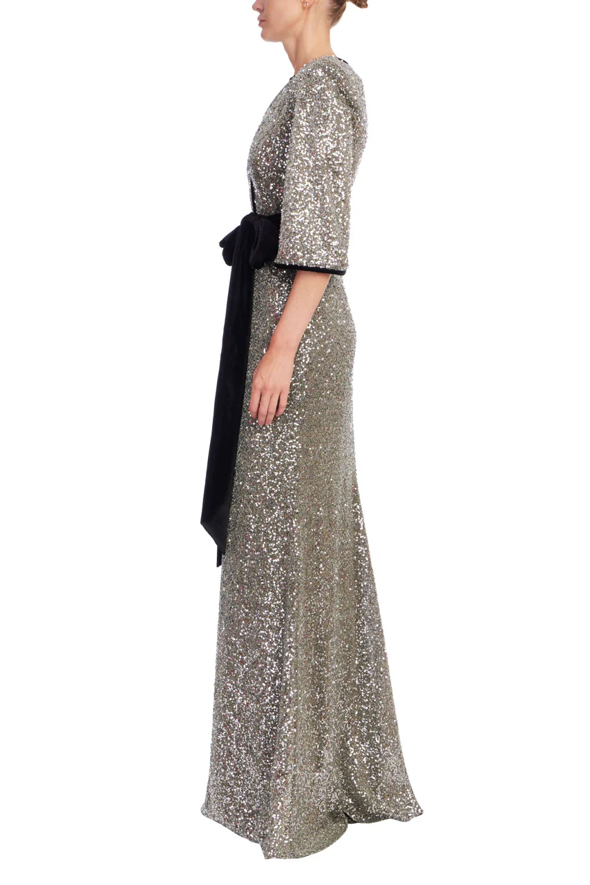 Sequined & Velvet Sash V-Neck Gown - Image 2