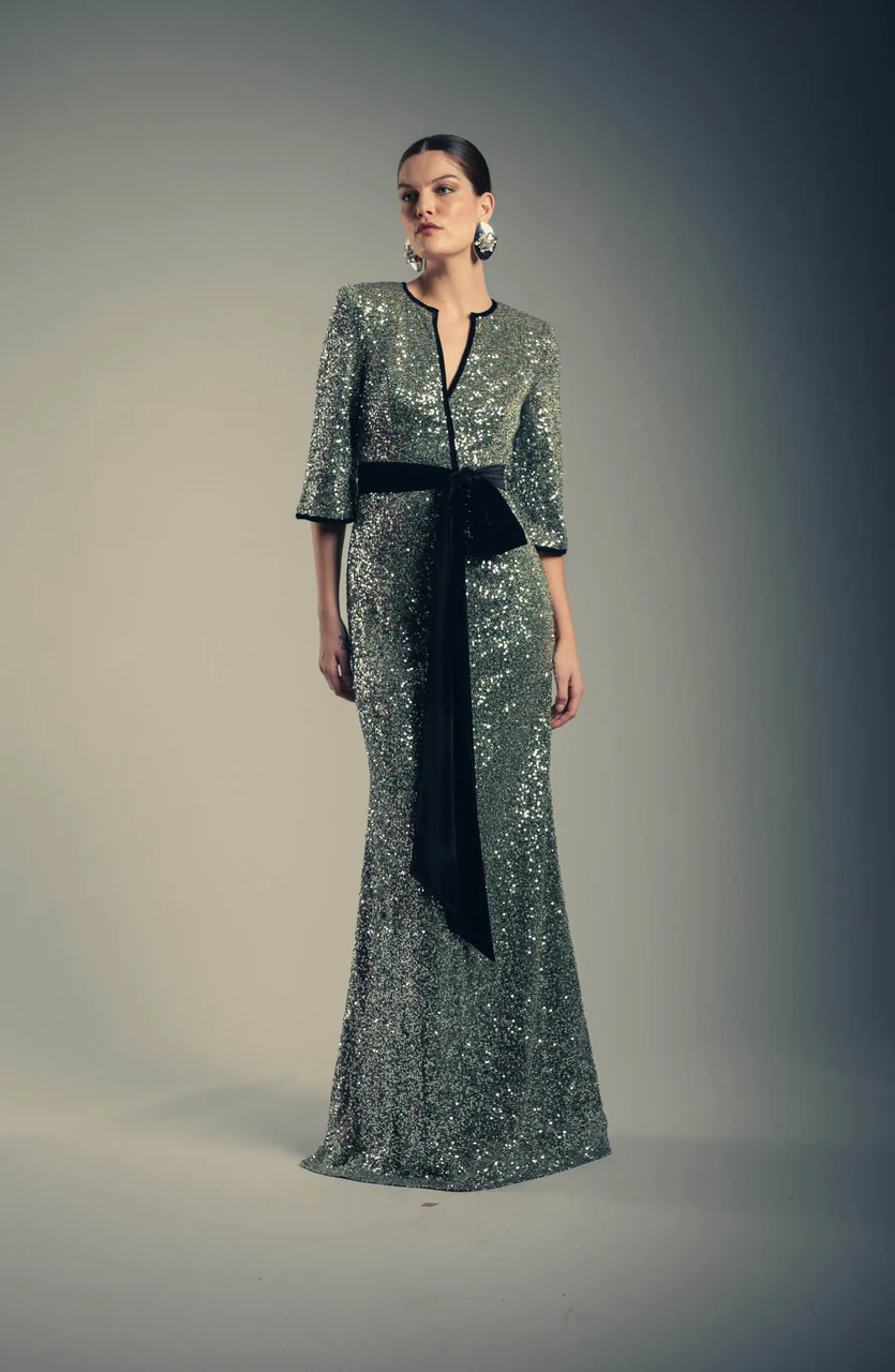 Sequined & Velvet Sash V-Neck Gown - Image 4