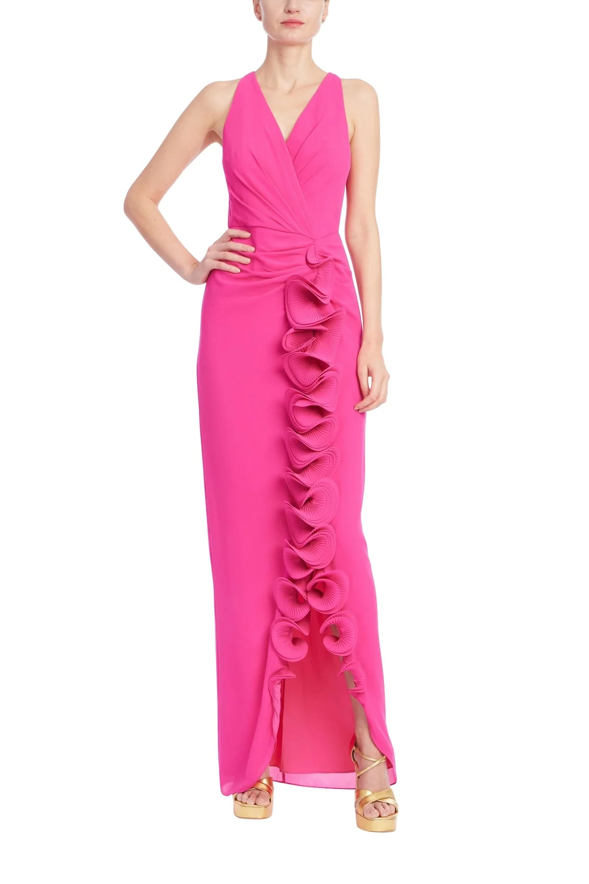 Sleeveless V-Neck Gown with 3D Rosette Ruffle - Image 69