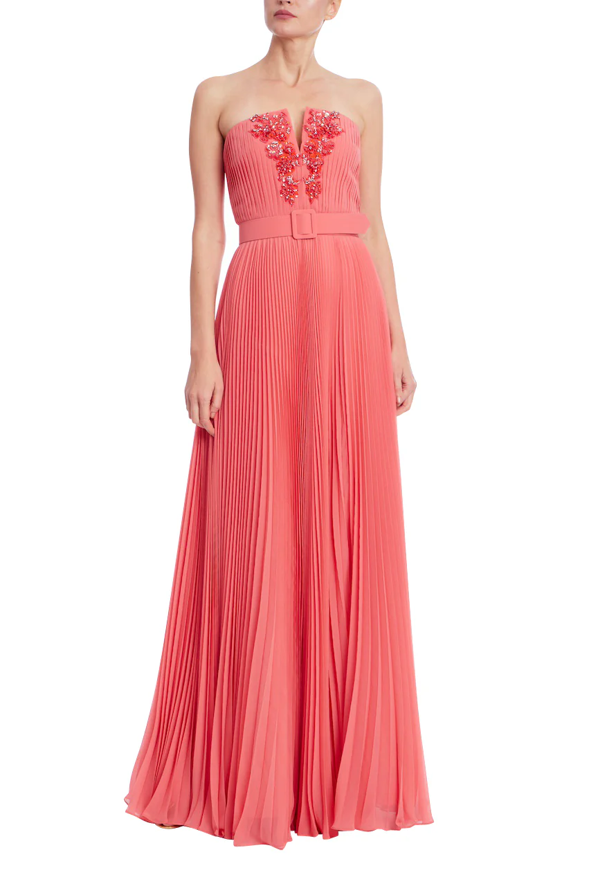 Strapless Coral Pleated Gown with Beaded Bodice - Image 5