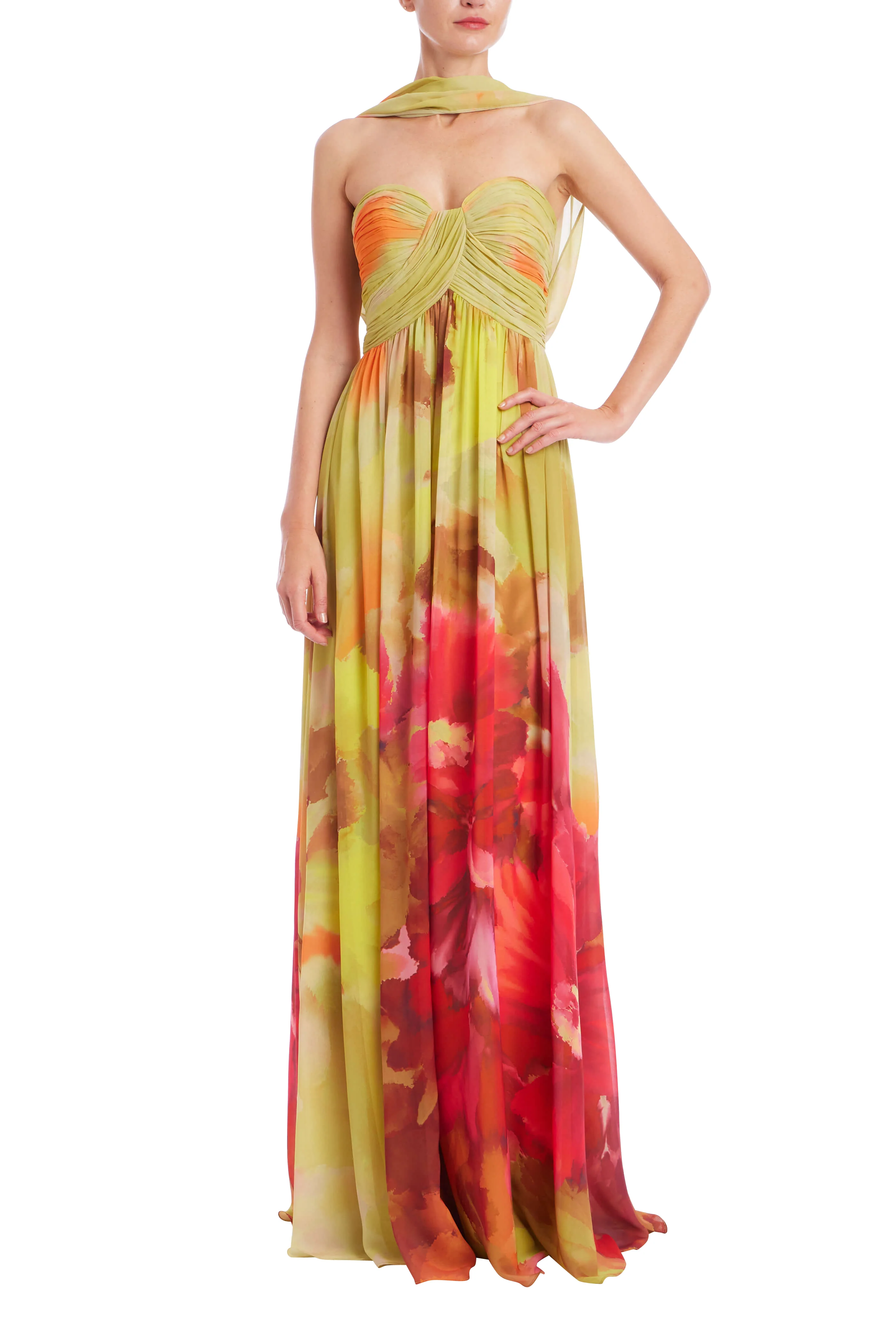 Strapless Floral Print Chiffon Gown with Scarf - Image 5