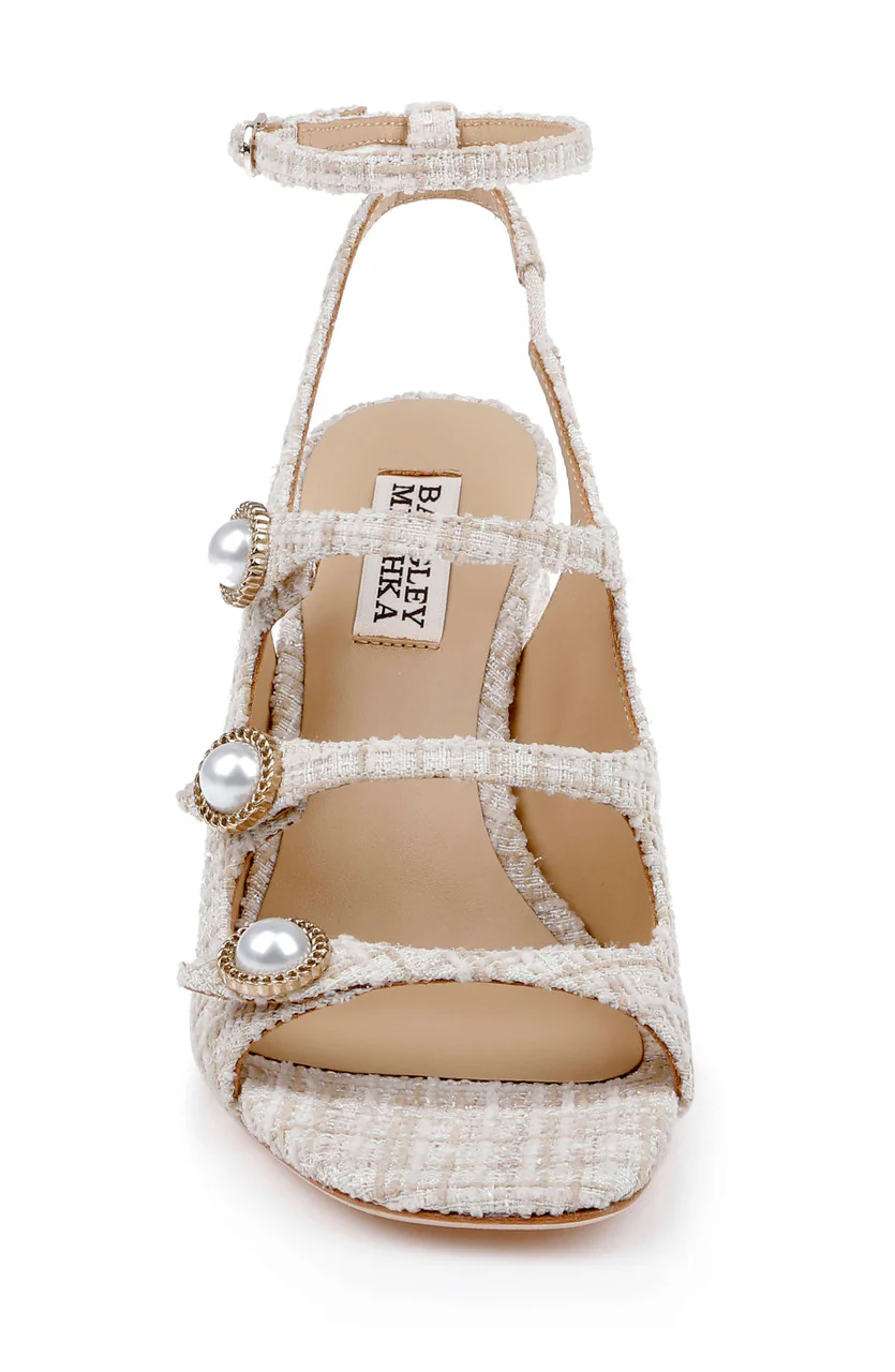 Vella Tweed Pearl Embellished Block Heel Sandals - Image 4
