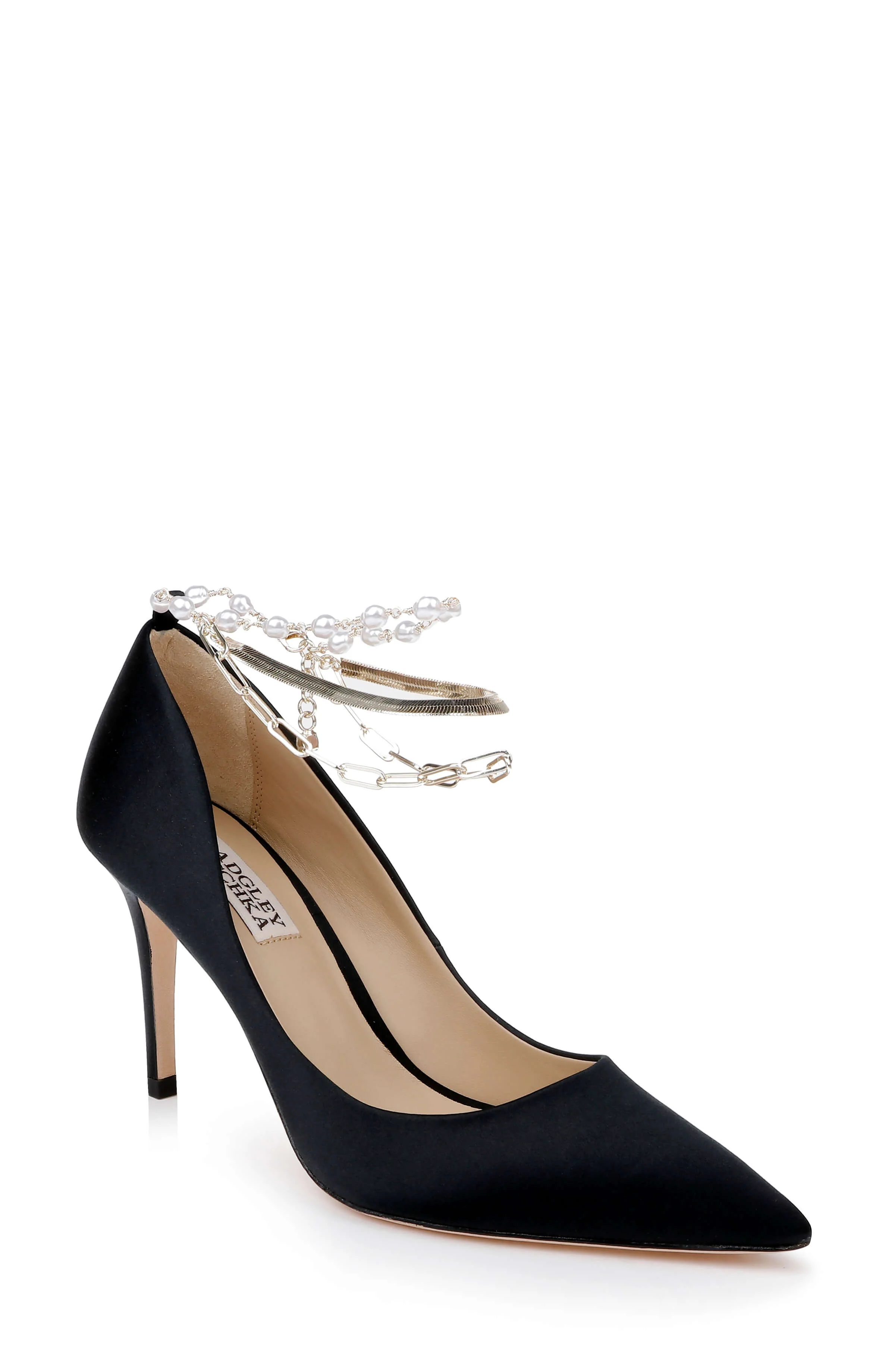 Verna Satin Pointed Toe Pumps with Pearl Chain Ankle Strap - Image 25